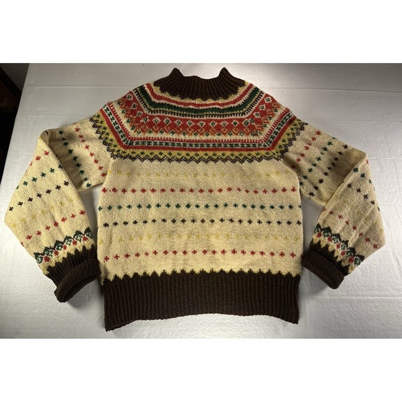 1950s Fair Isle Sweater Men's Large Multi Wool Nordic Hand Knit Yoke Pattern